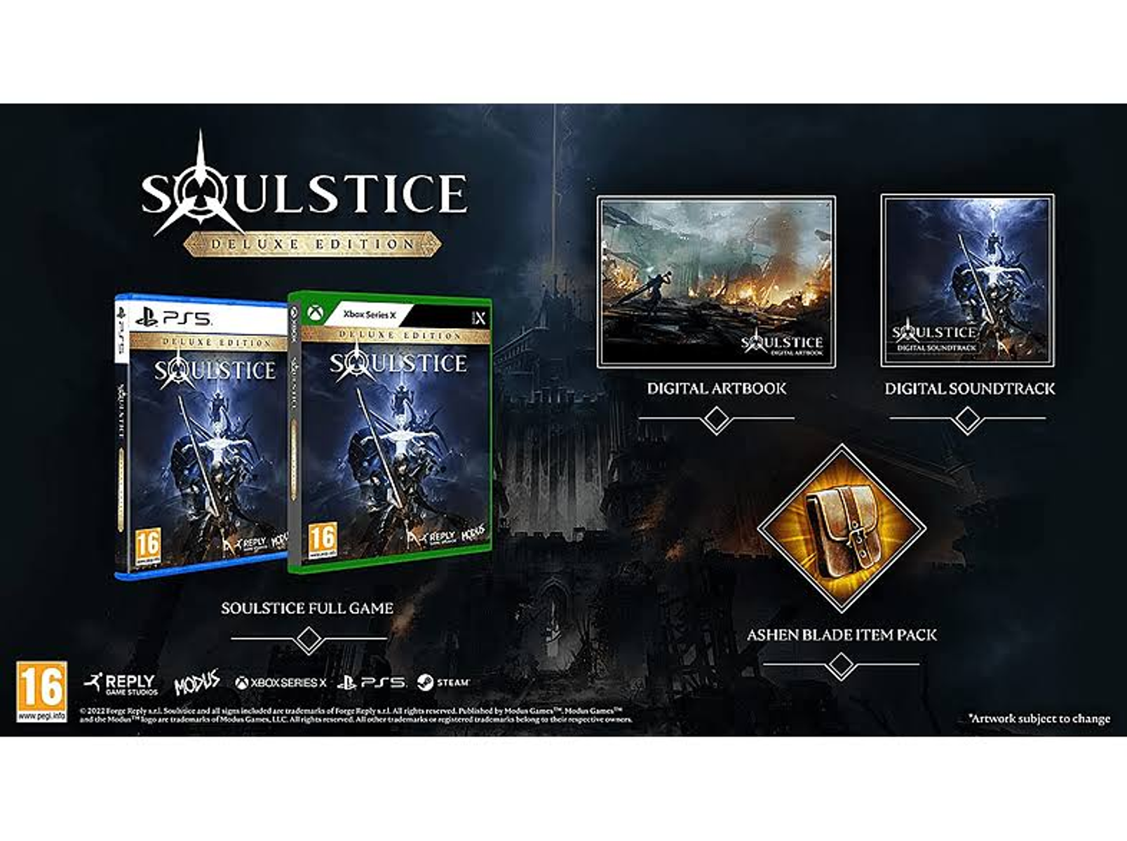 Confezione del gioco Soulstice Deluxe Edition. Mostra le scatole di PS5, Xbox Series X e oggetti extra.