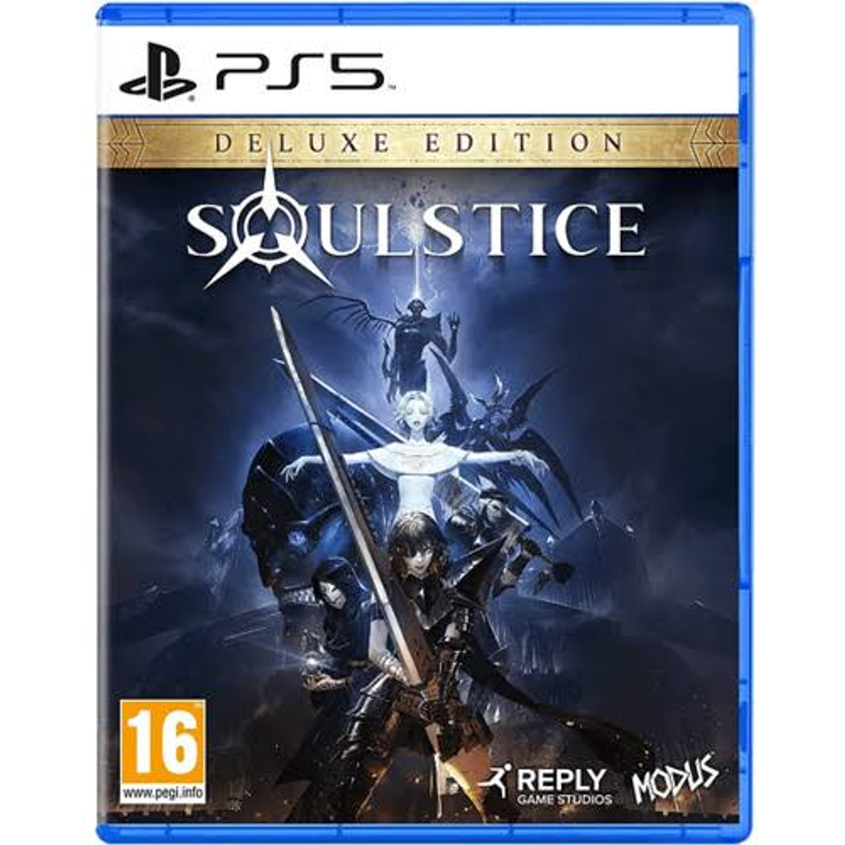 Copertina di Soulstice, con personaggi con spade in un'ambientazione dark fantasy.