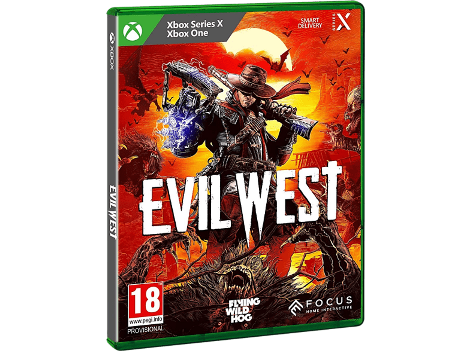 Portada del juego Evil West. Un vaquero con un rifle lucha contra monstruos en un entorno ardiente.