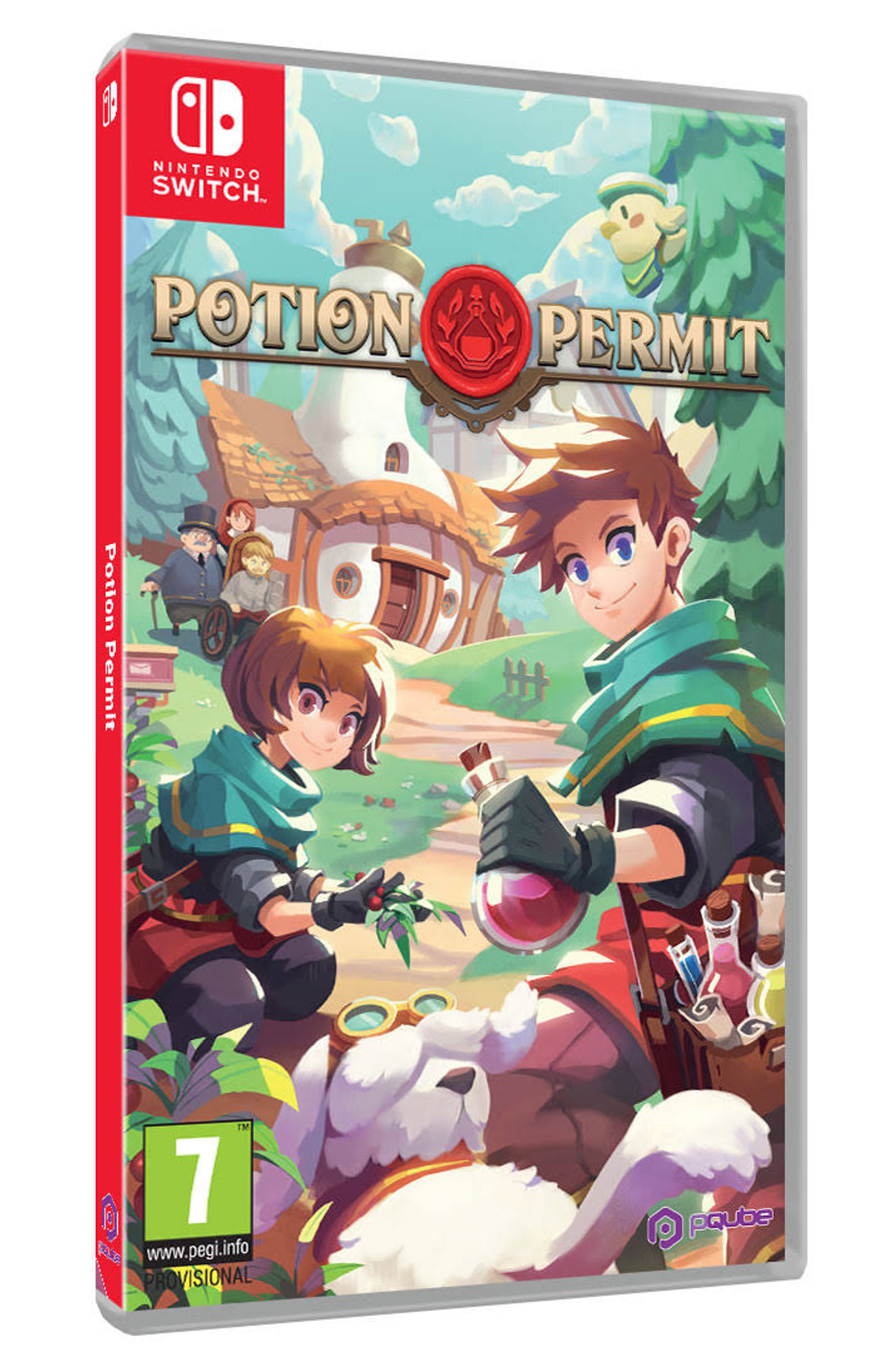 Arte de la caja del juego. Dos personajes en una escena de la ciudad. Título: 'Potion Permit'.