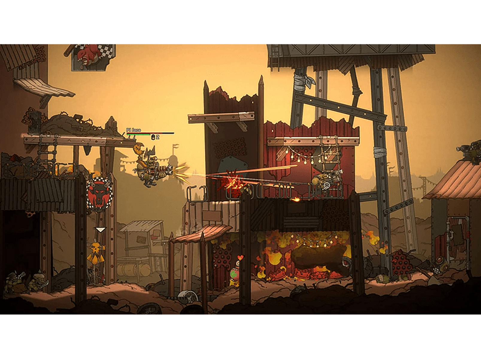 Una escena de juego de desplazamiento lateral con personajes luchando en un entorno de dibujos animados.