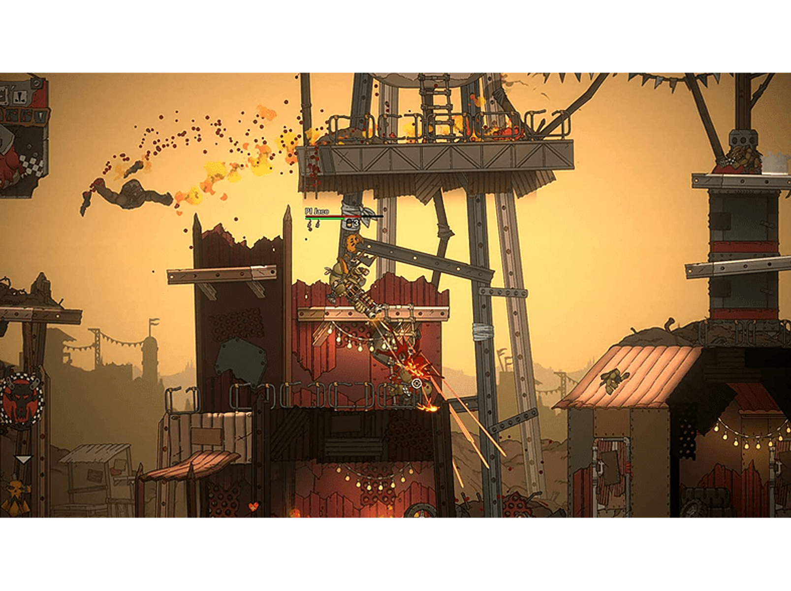 Una escena de juego con un personaje en una estructura y otros en el fondo, con explosiones.