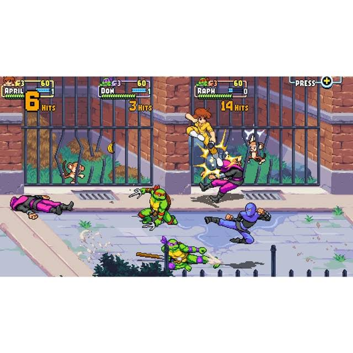 Teenage Mutant Ninja Turtles vechten in een straatscène, pixelgraphics.