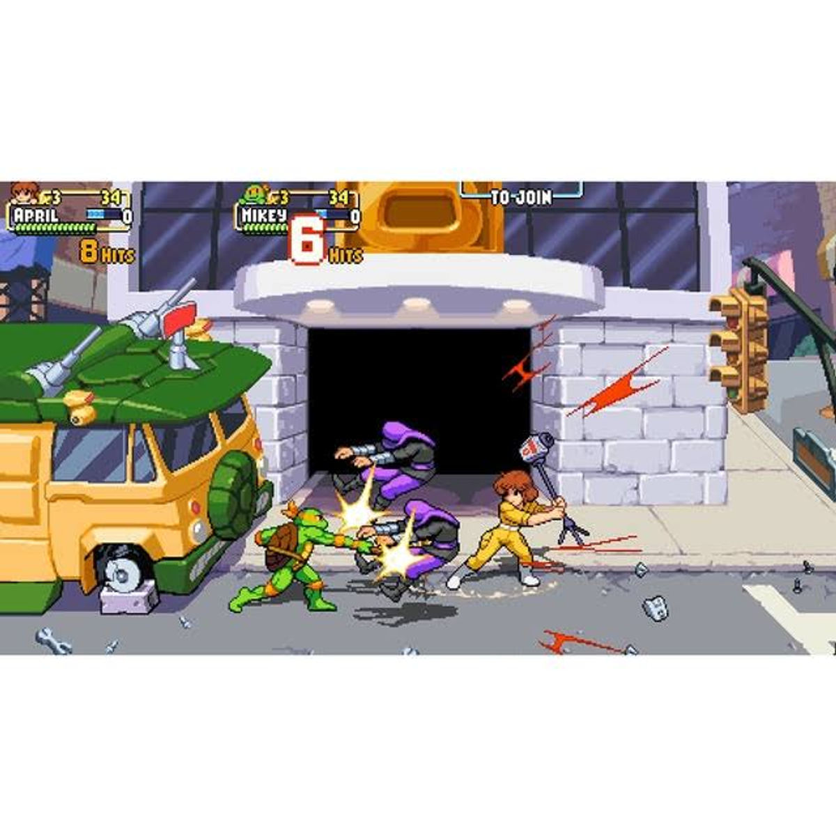 Pixelachtige game scene: Teenage Mutant Ninja Turtles vechten tegen vijanden in een stad.