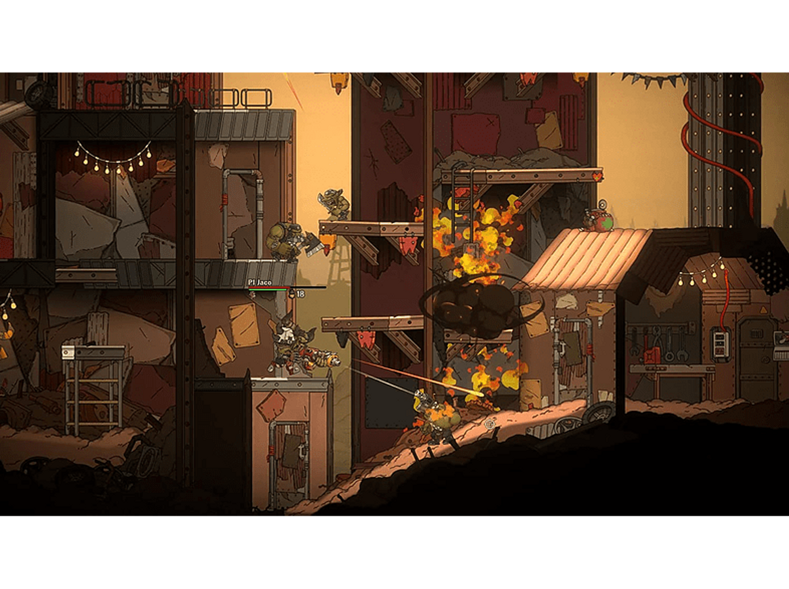 Een zijwaartse video game scène. Personages vechten in een post-apocalyptische, industriële setting.