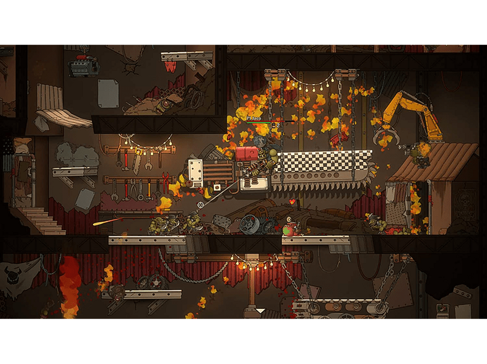 Game scene: een gevecht in een donkere setting, met explosies en karakters.