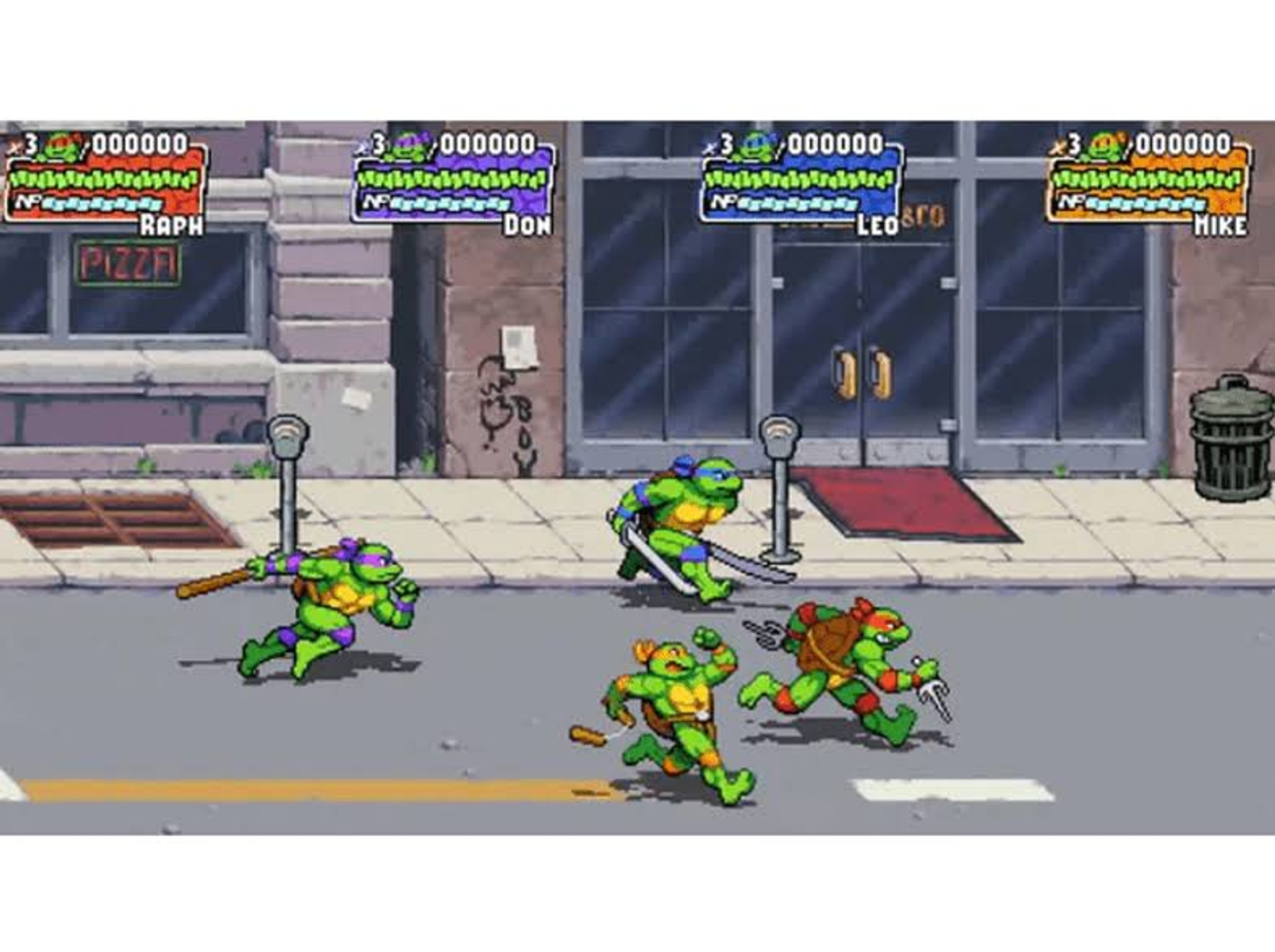 Teenage Mutant Ninja Turtles in actie. Personages rennen op een stadsstraat.