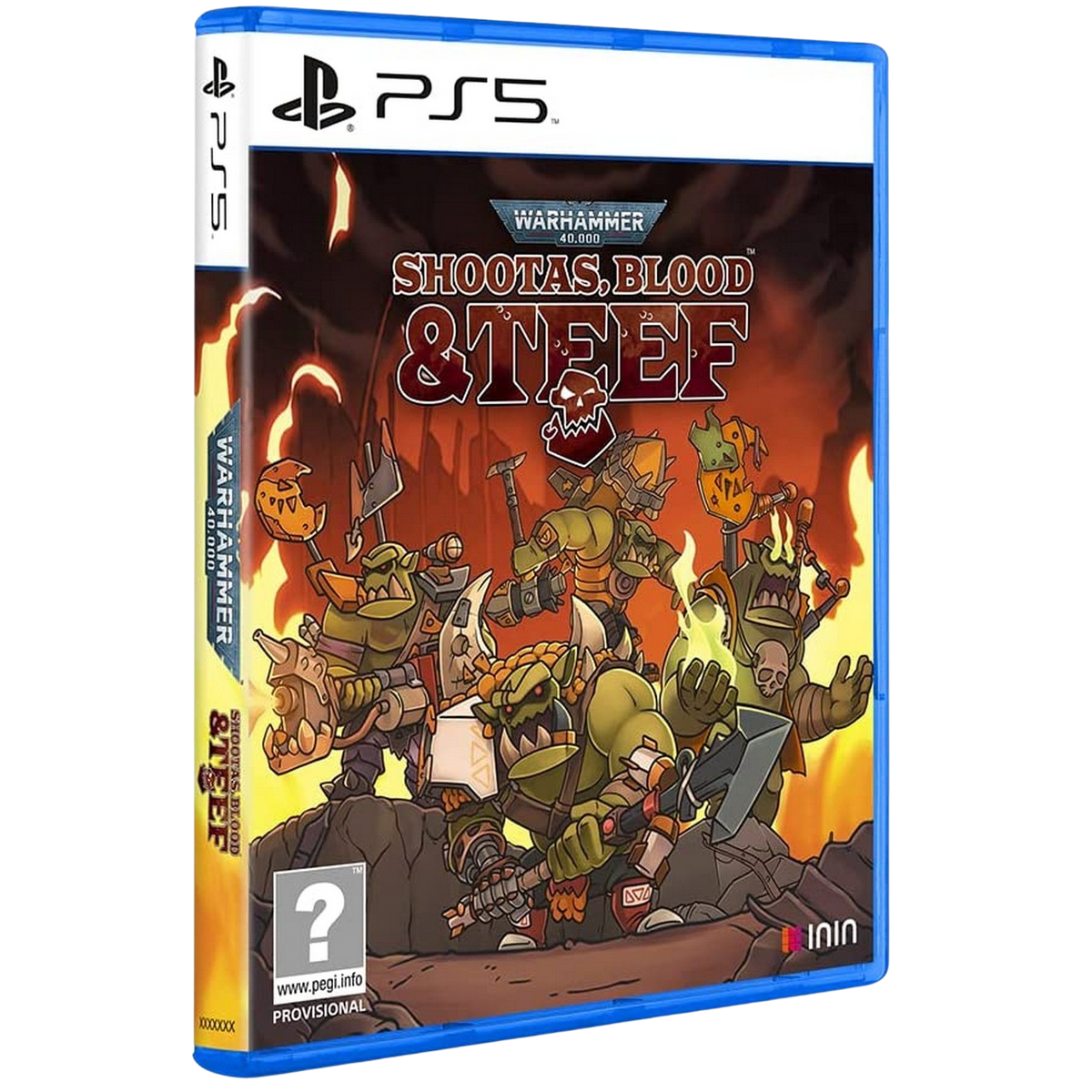 Game cover voor 'Warhammer 40,000: Shootas, Blood & Teef' op PS5, met cartoon orcs.