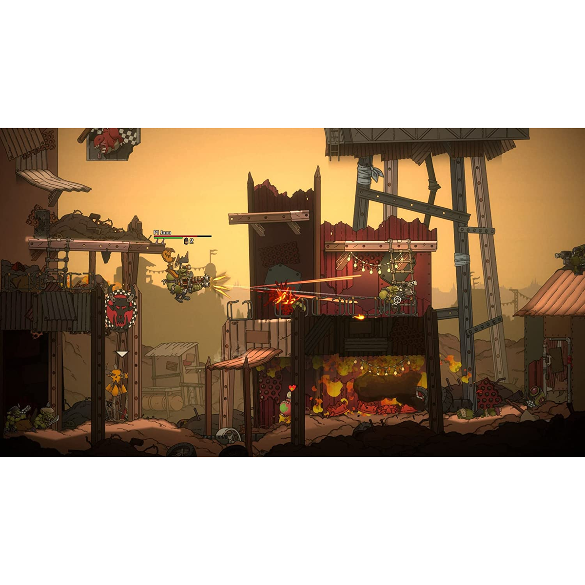 Een game-scene met personages in een oorlogsgebied, met gebouwen en explosies.