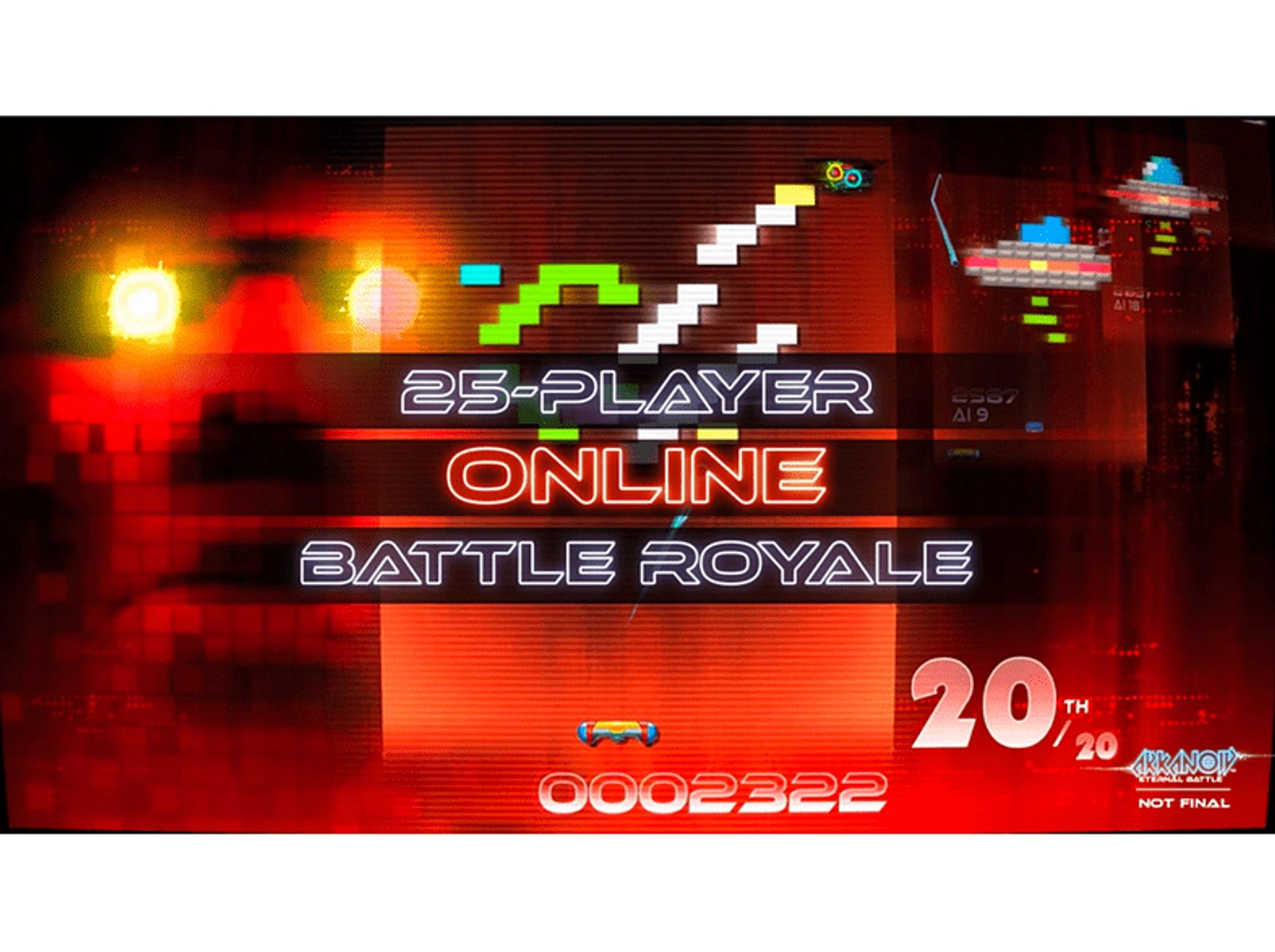 Zrzut ekranu czerwonego, neonowego interfejsu gry wideo z tekstem: '25-GRACZY ONLINE BATTLE ROYALE'.
