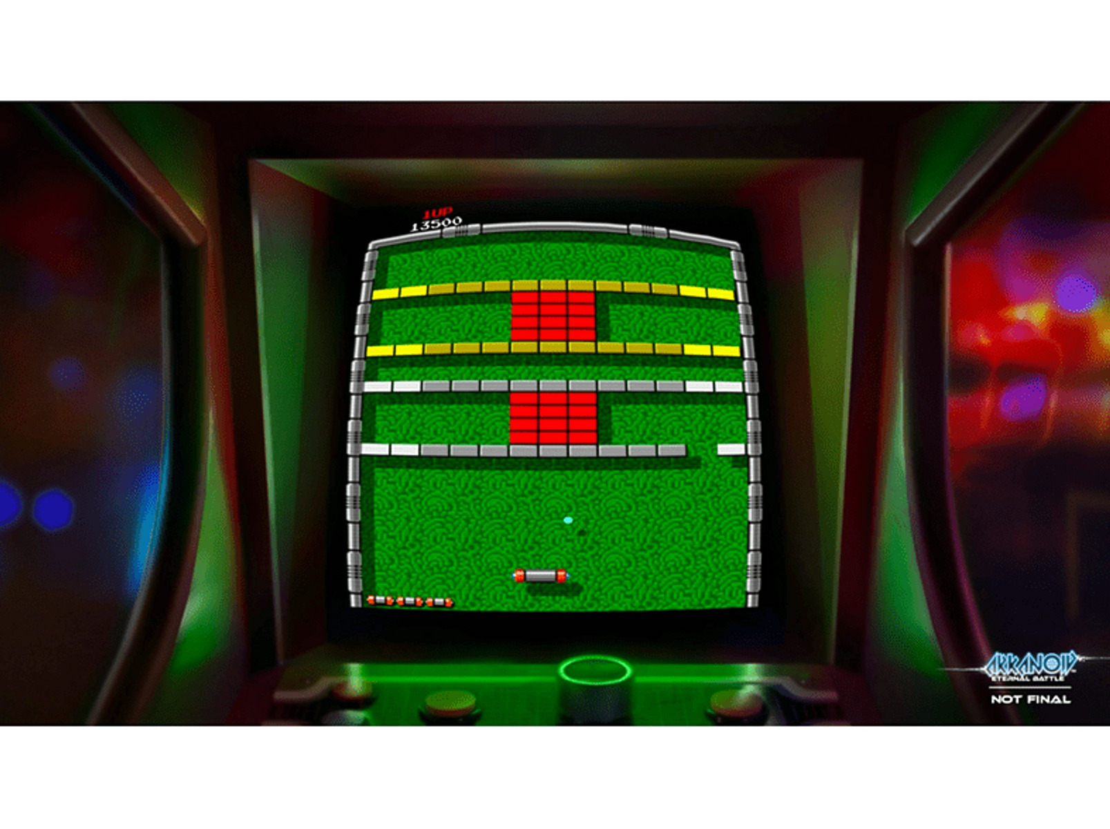 Arcade-Spielbildschirm. Blöcke und ein Ball. Spiel läuft.