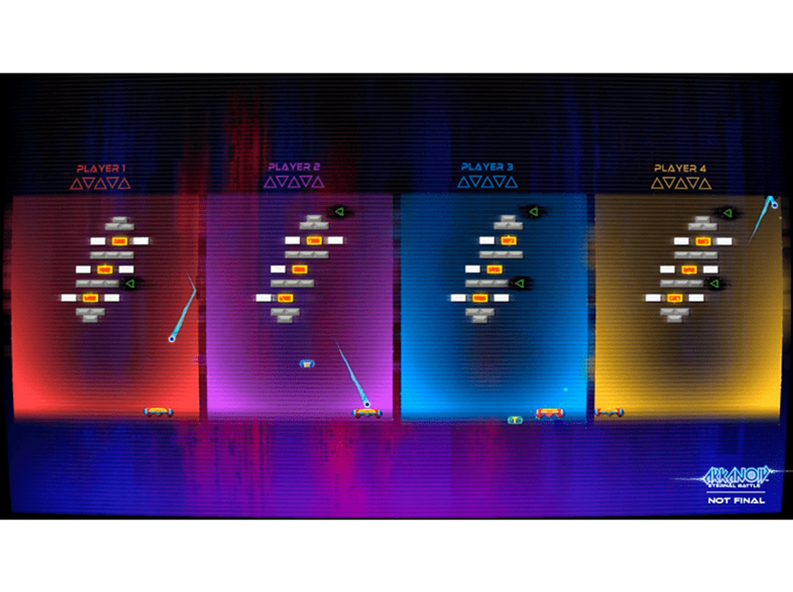 Arcade-Spielbildschirm: Vier Spieler, jeweils mit einem Brick-Breaker-Spiel, farbenfrohen Hintergründen und einem Logo.