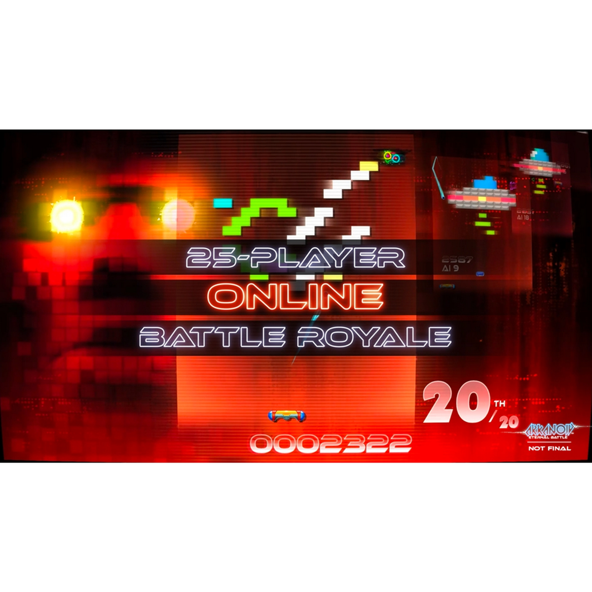 Ein Bildschirm zeigt Spieloberfläche mit Text: 25-PLAYER ONLINE BATTLE ROYALE.