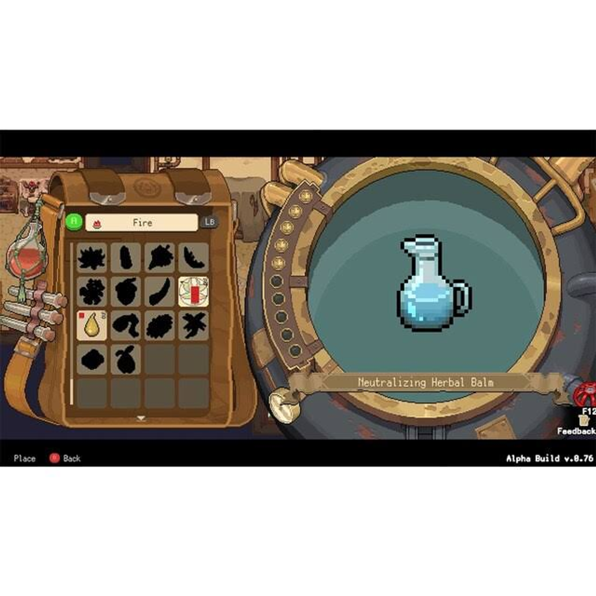 Ekran gry: Menu ekwipunku z różnymi przedmiotami. Widoczny niebieski eliksir i inne ikony.