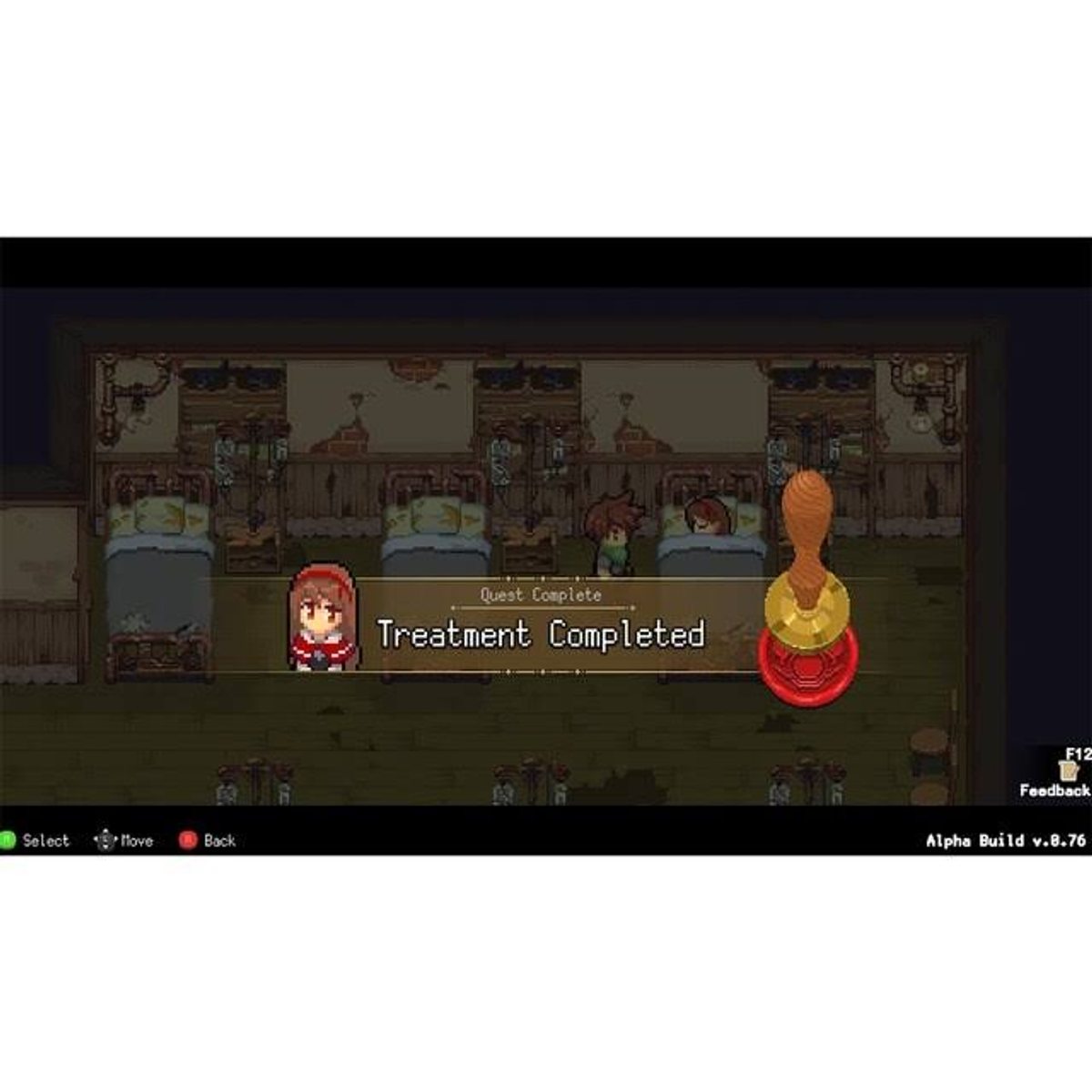 Pikselowa scena z gry z postaciami w łóżkach i tekstem: 'Leczenie zakończone'.