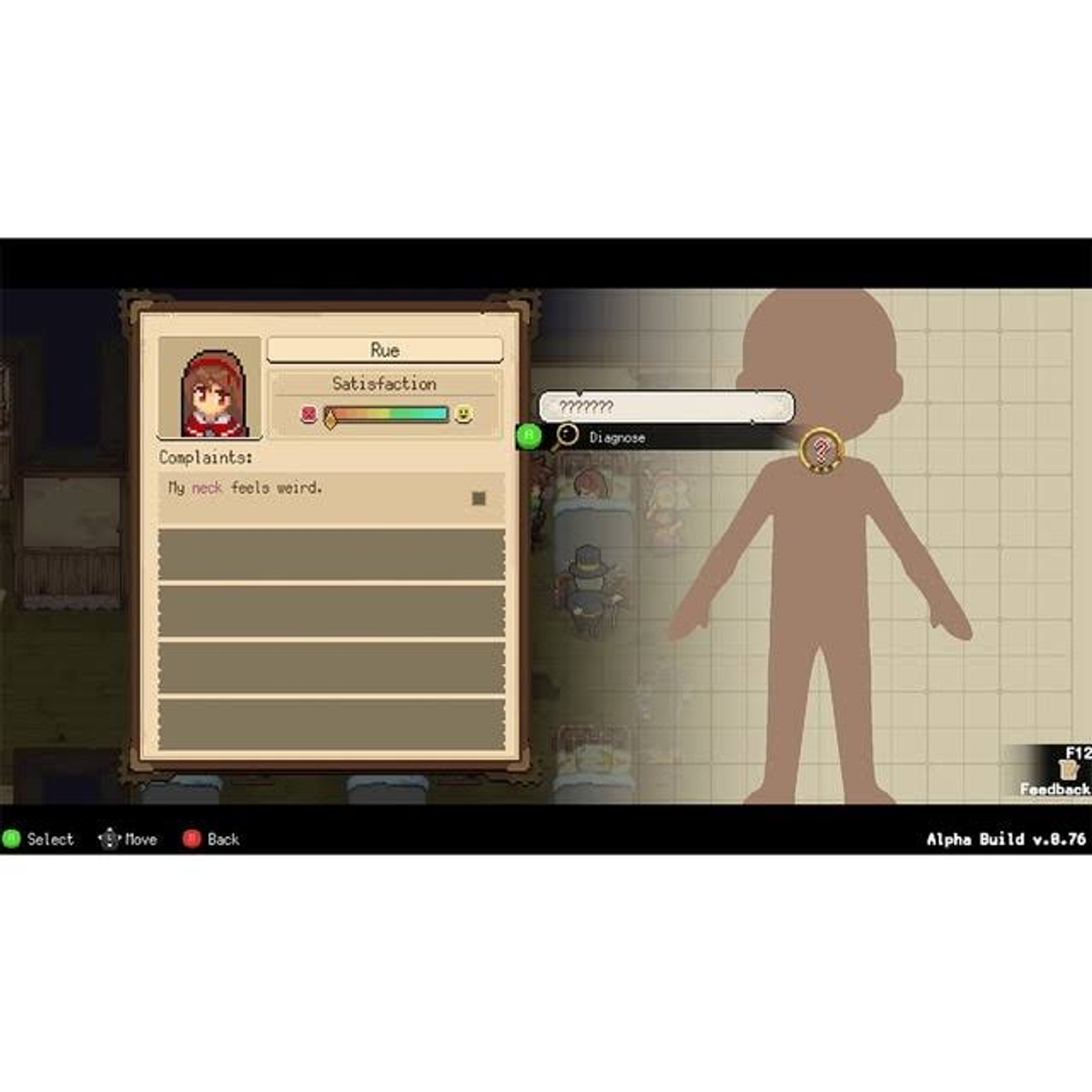 Interfejs gry z postacią na ekranie, wyświetlający zdrowie i schemat ciała.