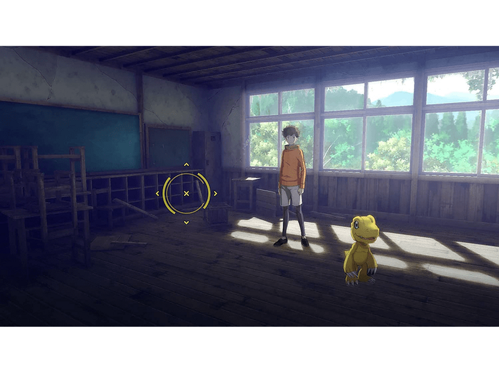 Scena di gioco in stile anime. Ragazzo e Digimon giallo in un'aula. Luce dalle finestre.
