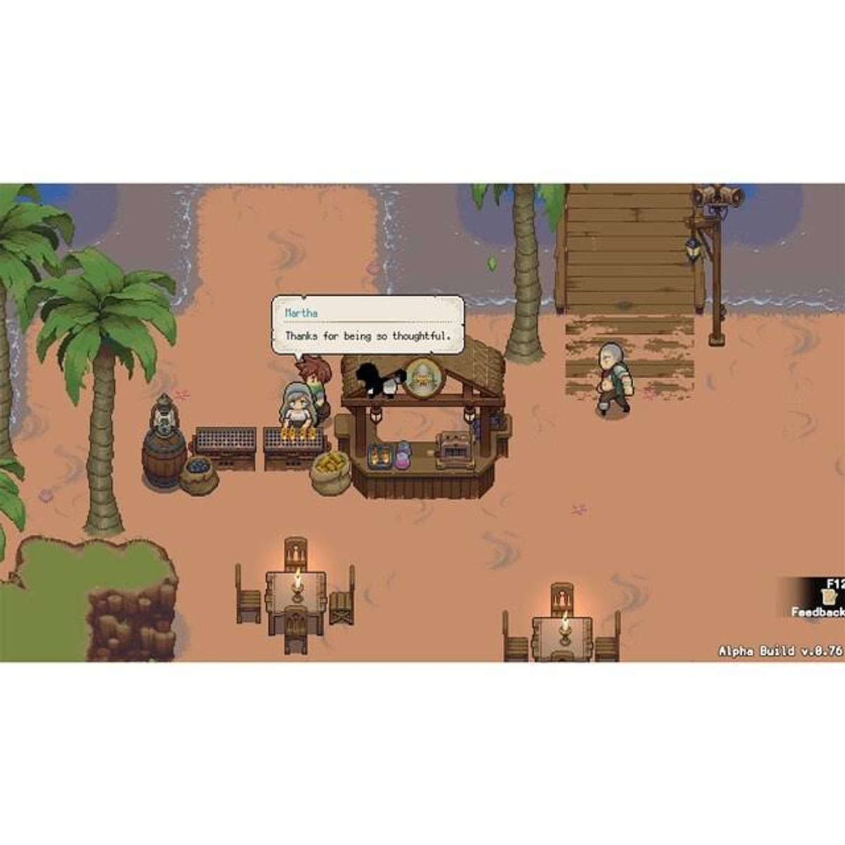 Scena z gry w pikselach w barze na plaży. Dwie osoby w scenie. Obecne są stoły i palmy.