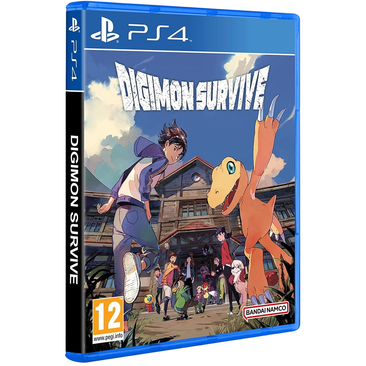 Scatola del gioco PS4: Digimon Survive, con personaggi anime di fronte a un edificio e un mostro.