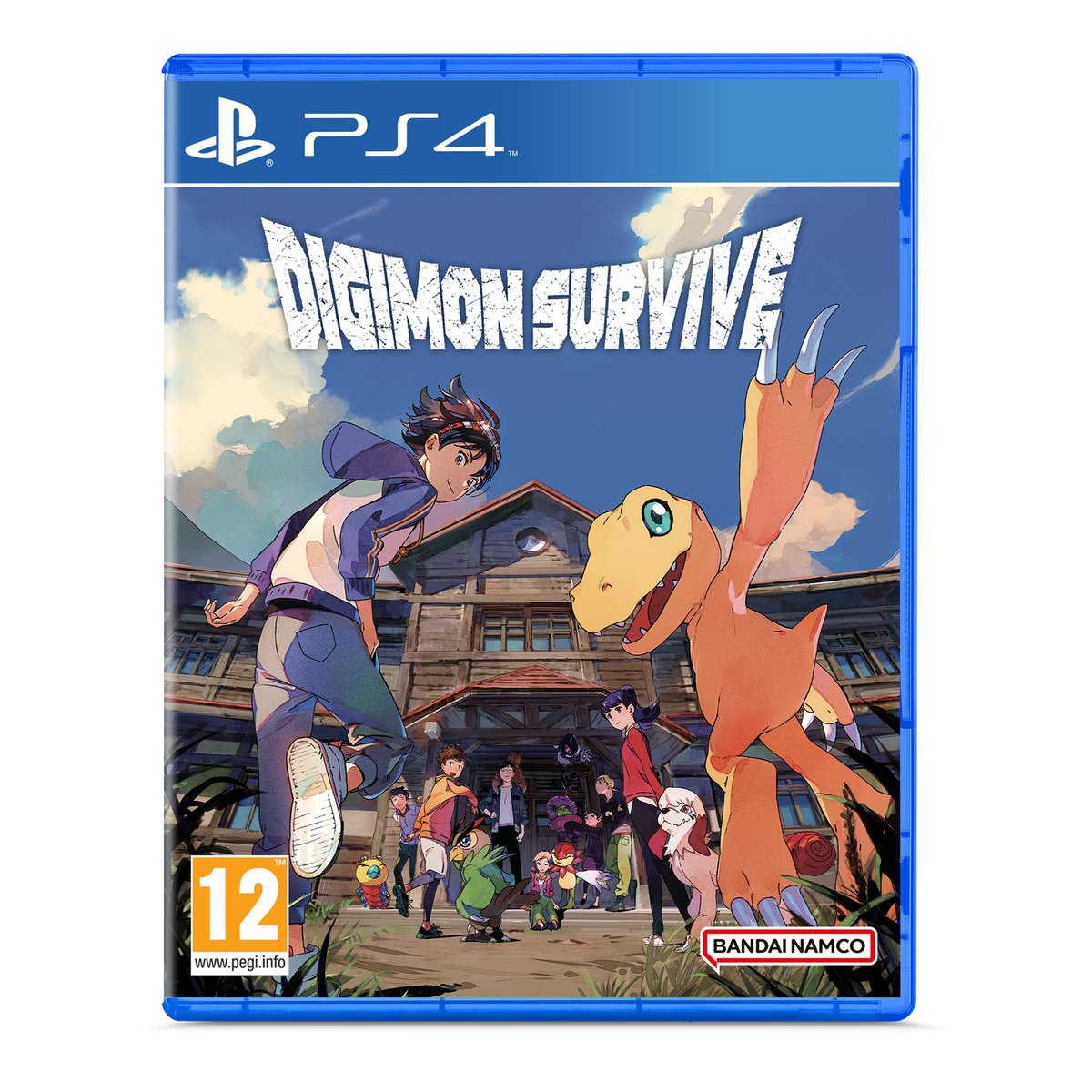 La copertina del gioco mostra un ragazzo e un dinosauro arancione di fronte a una casa.
