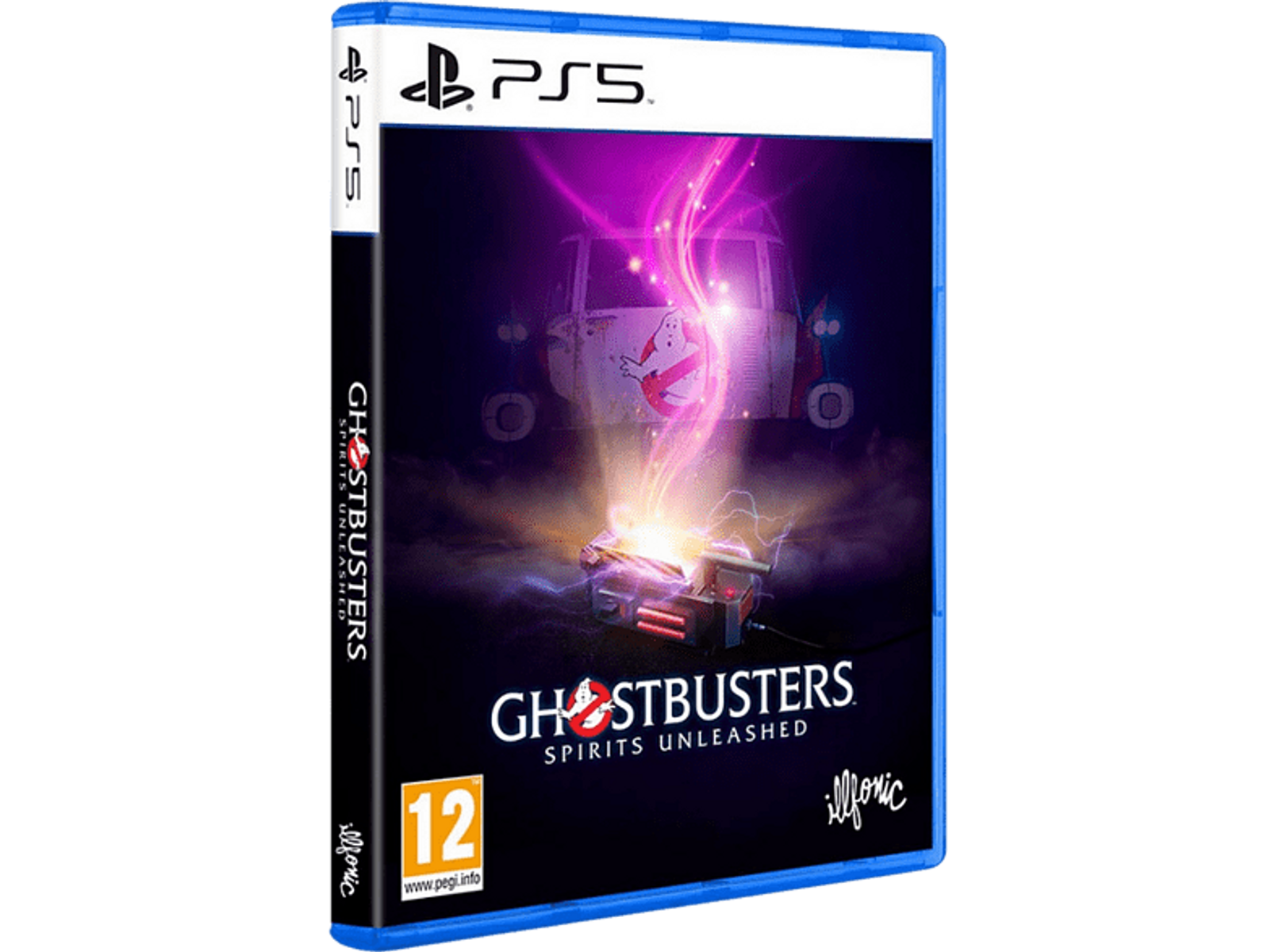 Pudełko z grą 'Ghostbusters: Spirits Unleashed'. Pokazuje Ecto-1 i upiorną obecność, logo PS5.