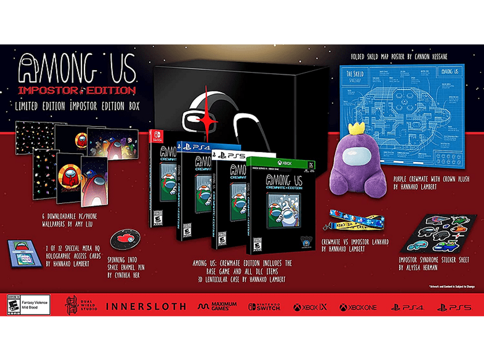 Scatola di Among Us Impostor Edition con custodie di gioco, peluche e accessori, esposta su un tavolo.
