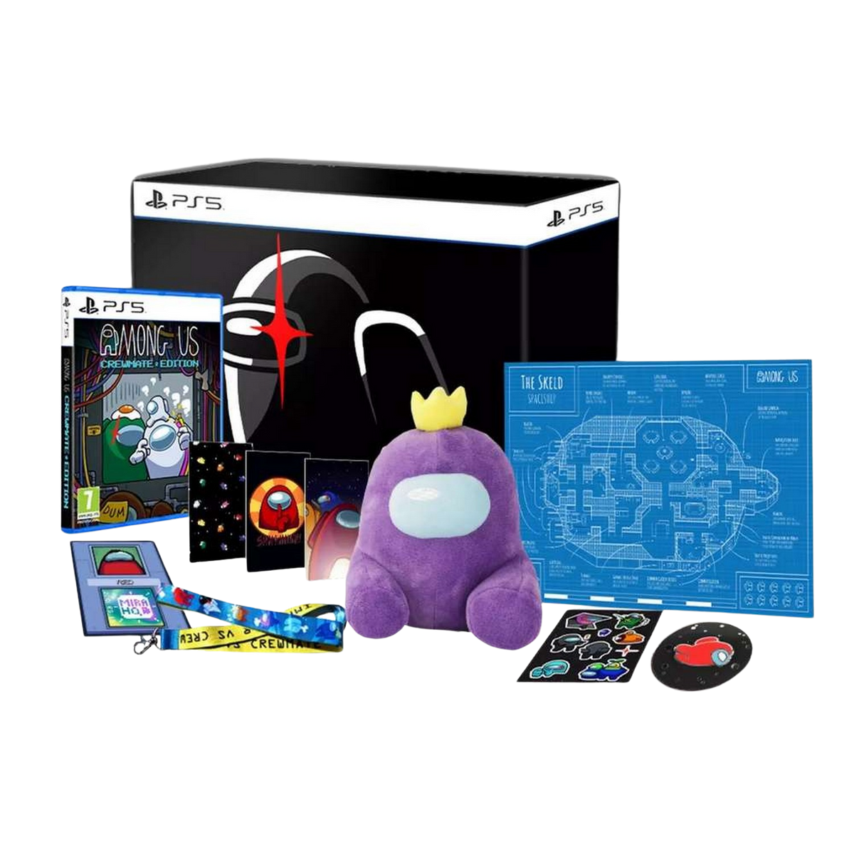 Set di gioco Among Us: Scatola con gioco, peluche, mappa, adesivi e un cordino.