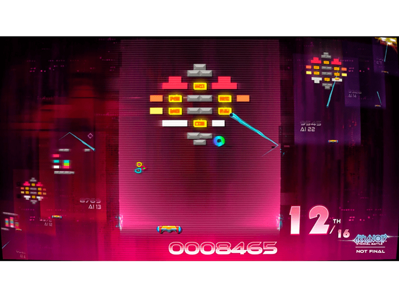 Ekran gry w stylu retro. Piłka odbija się od klocków, a wynik jest wyświetlany.