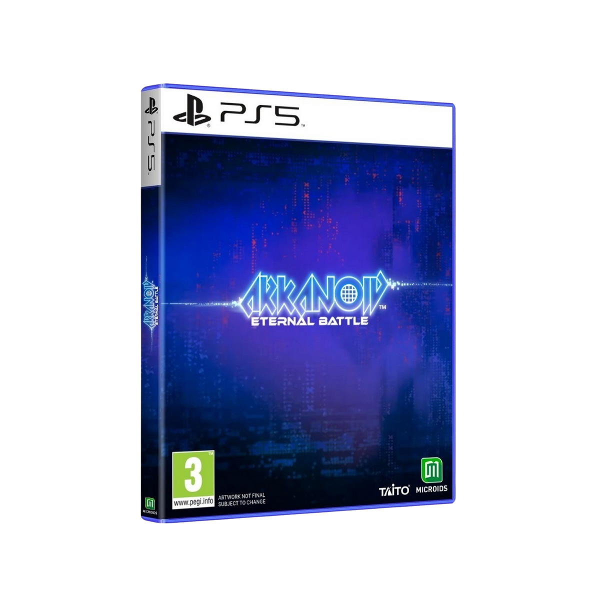 Pudełko gry PS5, widok pod kątem. Niebieska grafika. Tytuł 'Arkanoid Eternal Battle'.