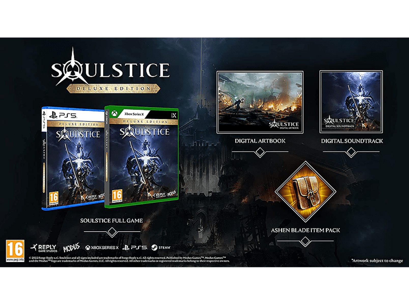 Zestaw pudełkowy gry: 'Soulstice' Deluxe Edition na PS5 i Xbox Series X. Zawiera grę, artbook i ścieżkę dźwiękową.