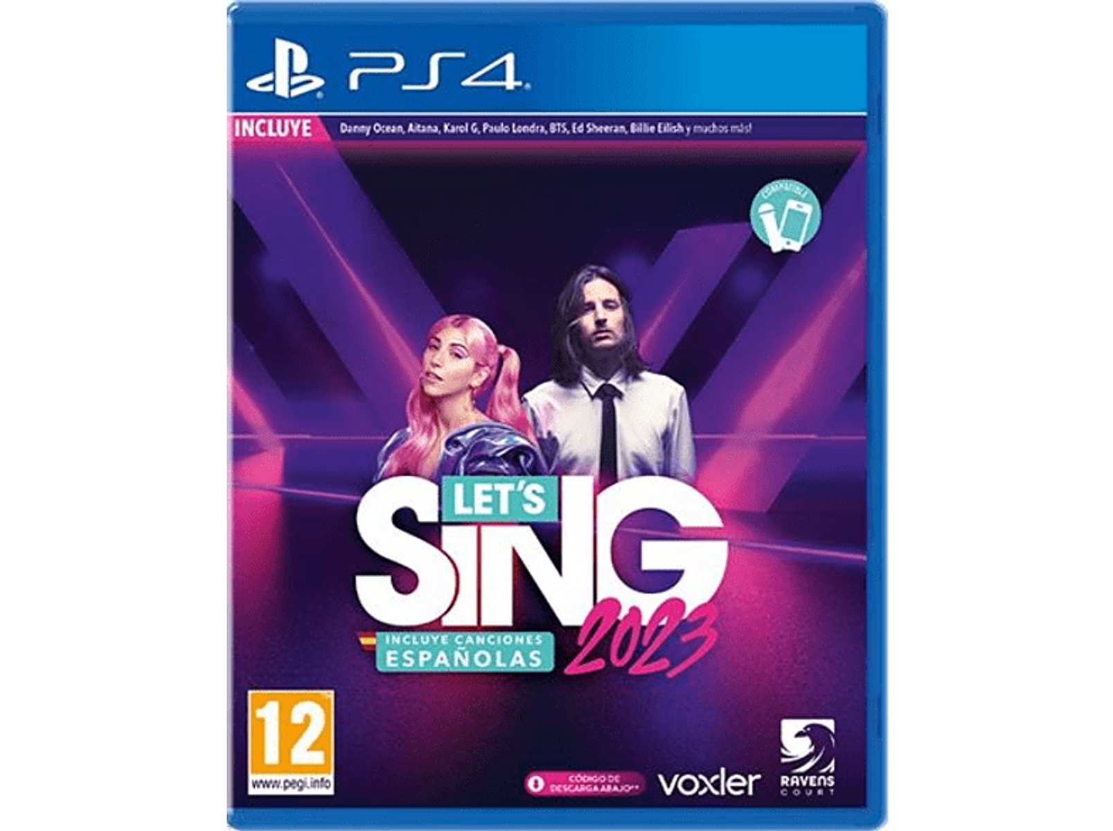 Scatola del gioco 'Let's Sing 2023' in spagnolo. Presenta due cantanti e uno sfondo colorato.