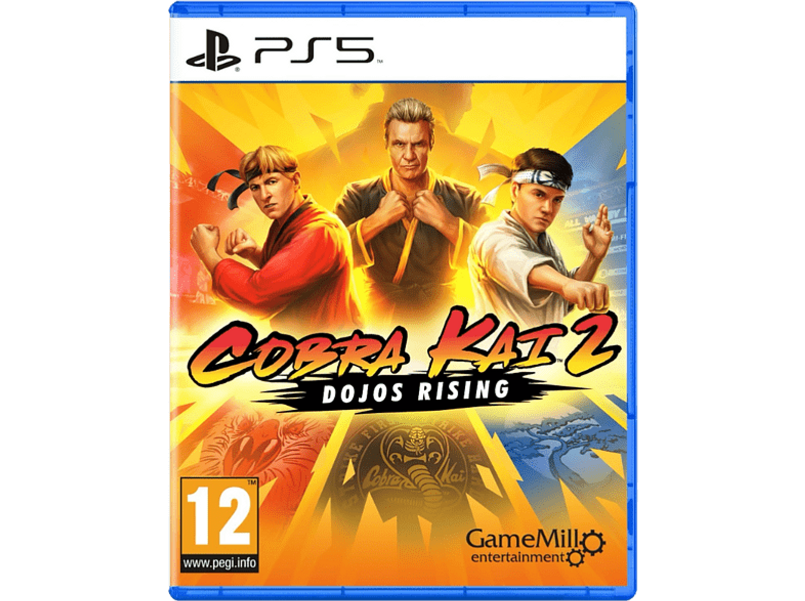 Portada del juego: Tres personas con equipo de kárate. Título: Cobra Kai 2: Dojos Rising.