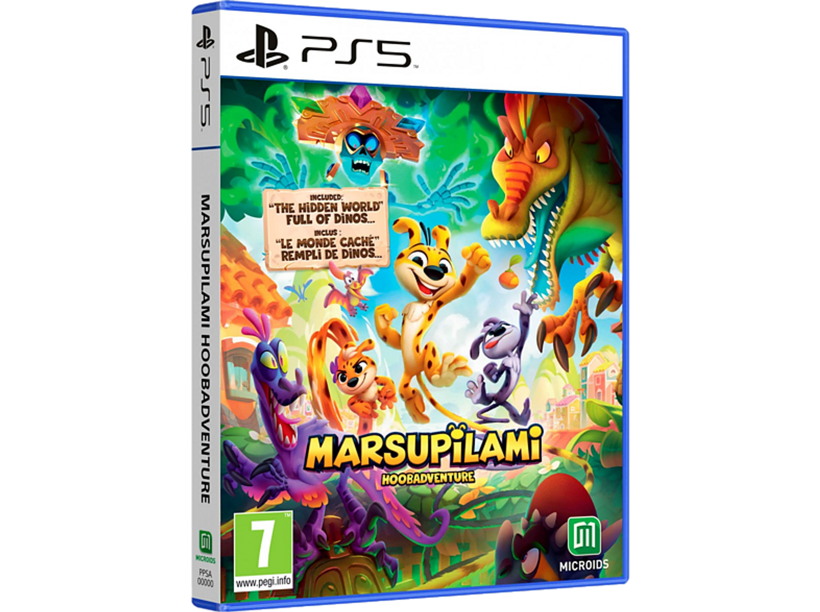 Pudełko z grą na PS5 z postaciami Marsupilami i dinozaurami, kolorowe tło.