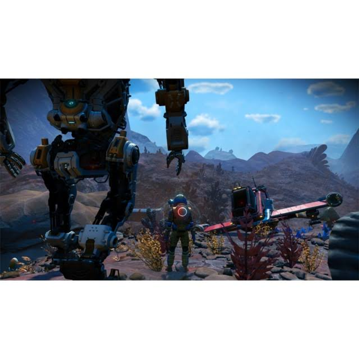 Osoba w skafandrze stoi przed gigantycznym robotem i statkiem kosmicznym na czerwonej planecie z górami.