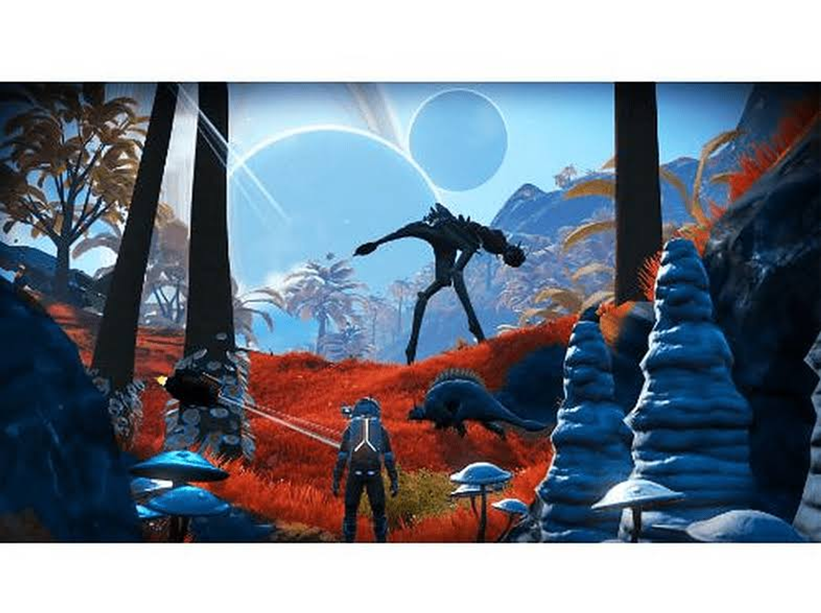 Scena na obcej planecie. Postać stoi na czerwonym polu, naprzeciw obcych stworzeń i dużej konstrukcji.