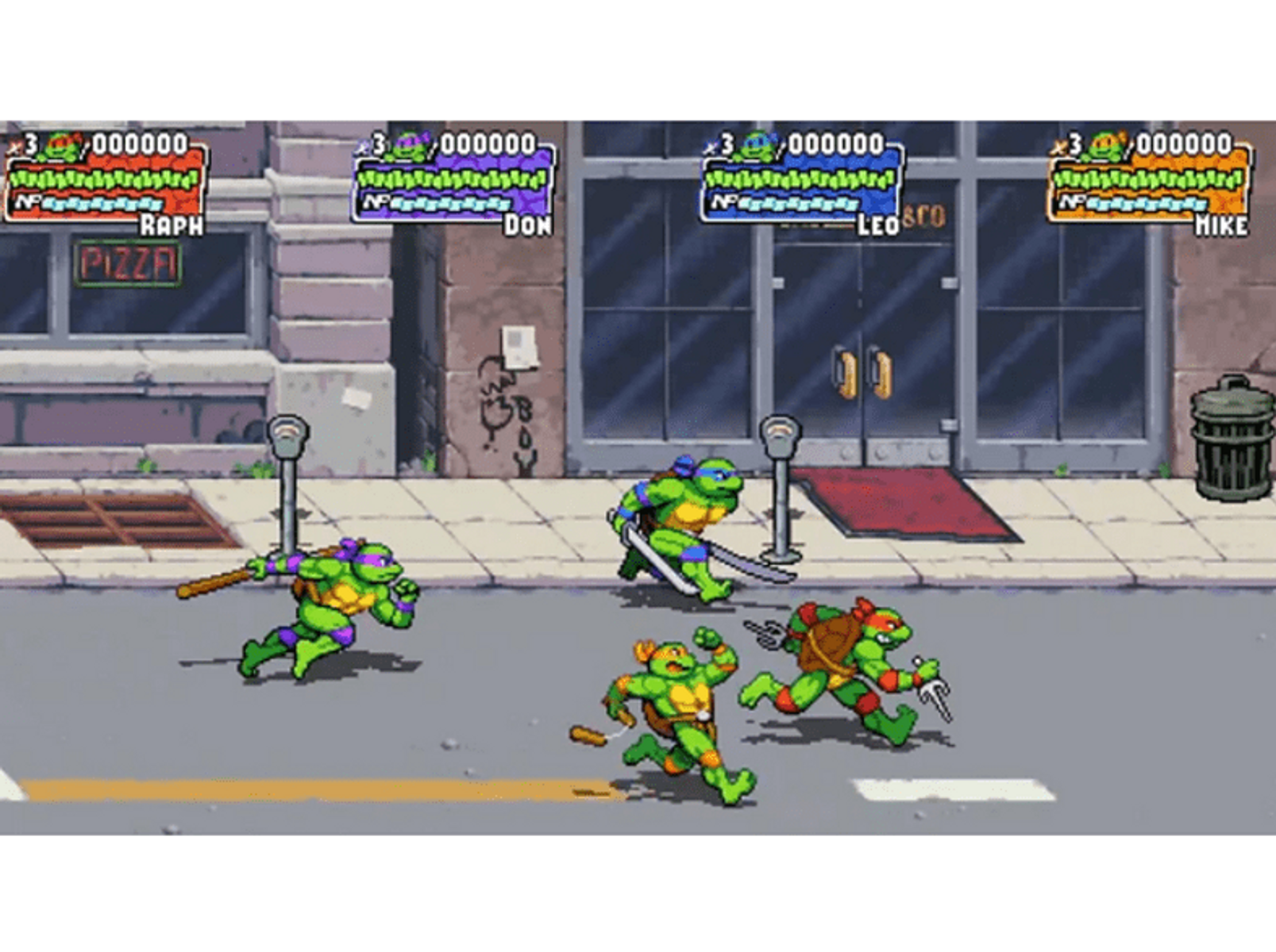 Escena del videojuego Teenage Mutant Ninja Turtles. Cuatro tortugas corriendo en una calle.