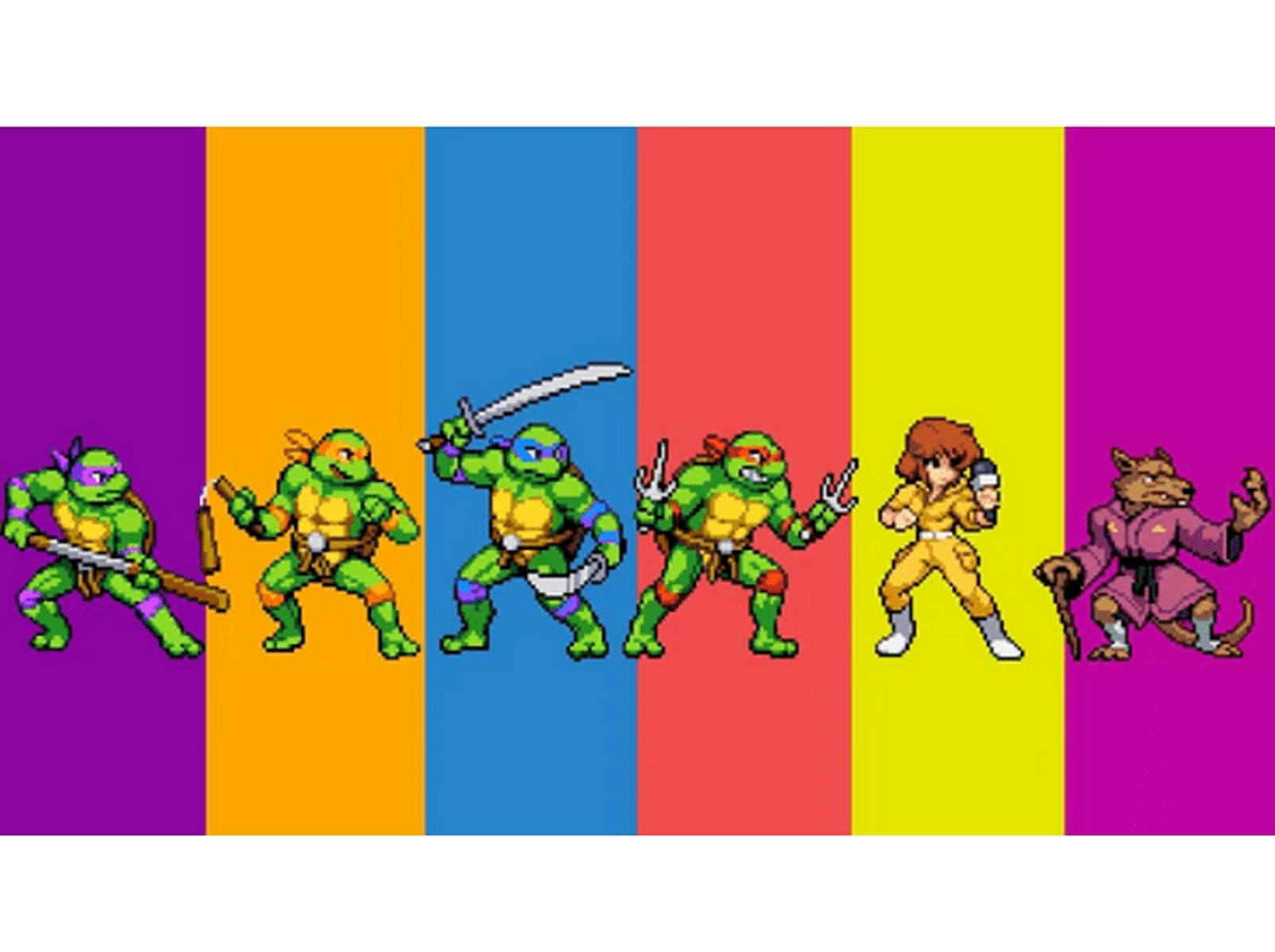 Afbeelding met de Teenage Mutant Ninja Turtles, April O'Neil en Master Splinter op een rij.