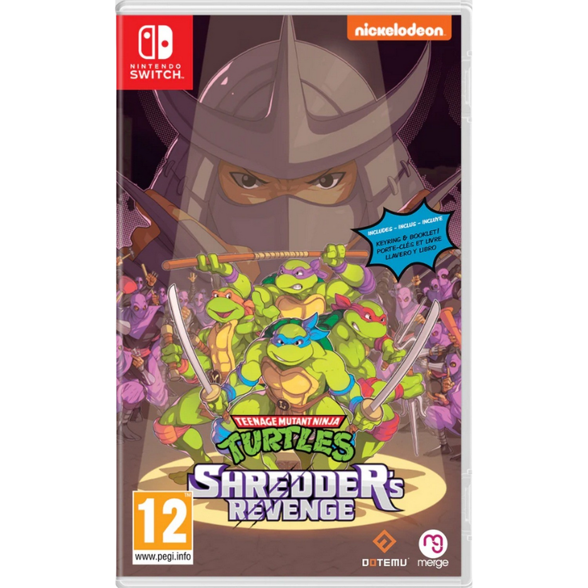 Gamebox met de Teenage Mutant Ninja Turtles. De schildpadden zijn in actie en vechten tegen Shredder.
