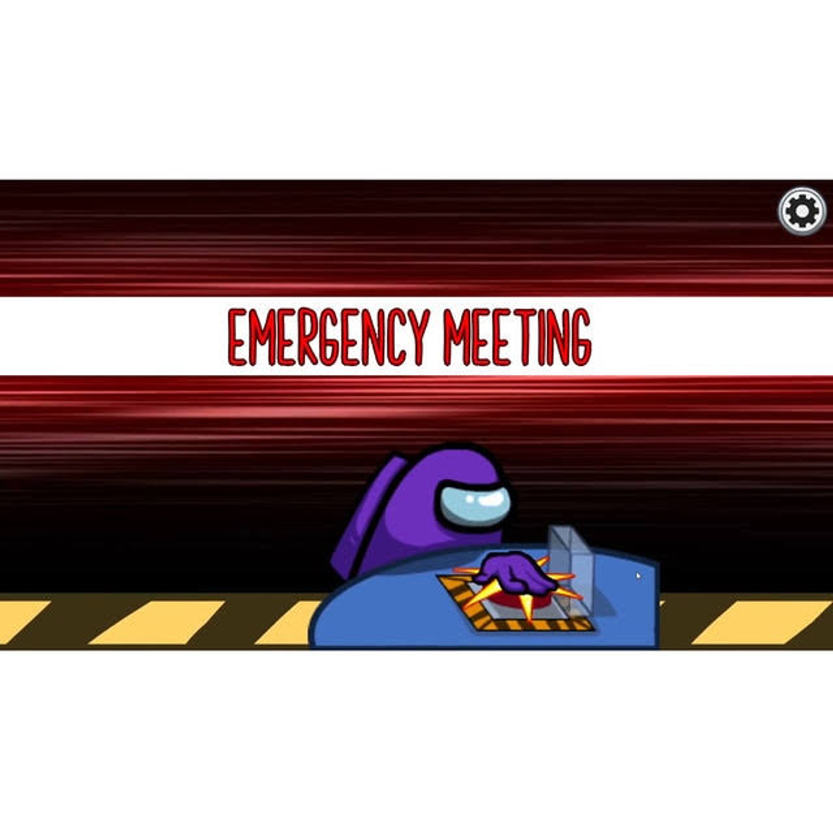 Scena z Among Us z tekstem "Emergency Meeting" i fioletową postacią.
