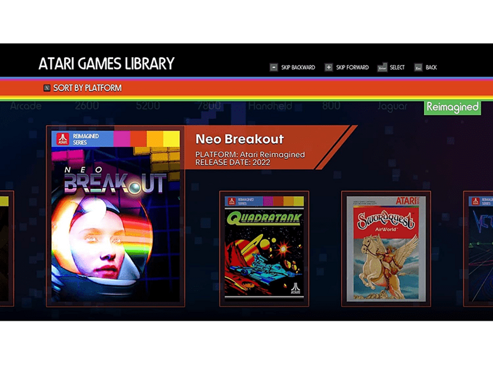 Wyświetlacz biblioteki gier Atari. Wyświetlono kilka okładek gier, z wyróżnieniem Neo Breakout.
