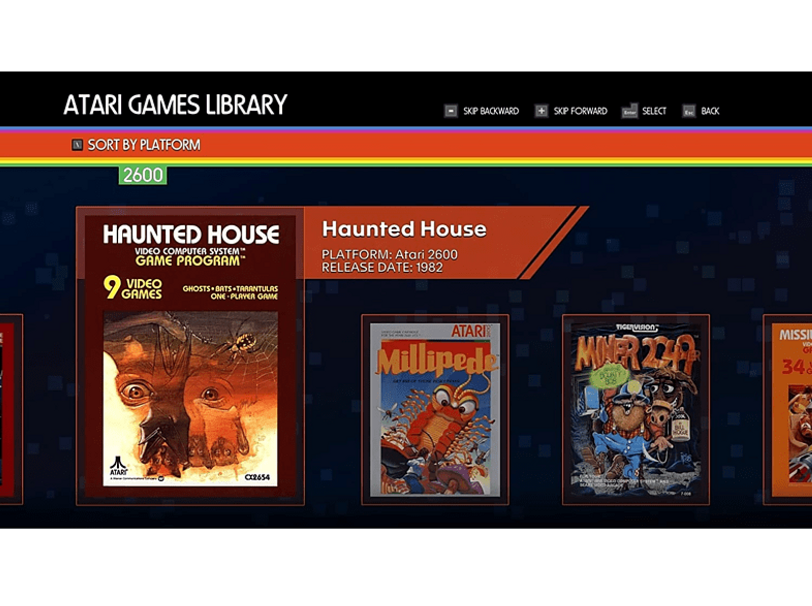 Ekran biblioteki gier Atari. Gra 'Haunted House' jest podświetlona.