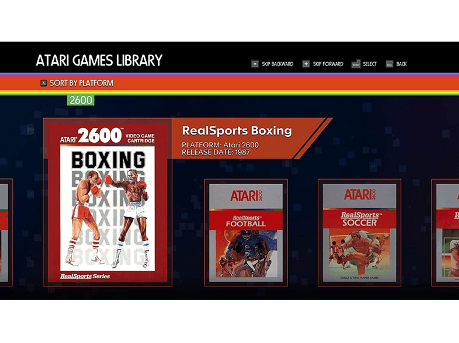 Biblioteka gier Atari 2600. Gra RealSports Boxing jest podświetlona. Inne gry w tle.