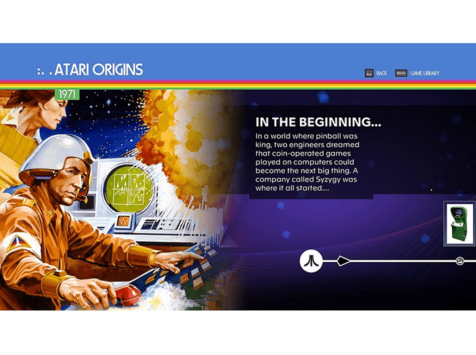 Ekran gry pokazujący Atari Origins ze sceną w stylu retro z mężczyzną w pomarańczowym mundurze.