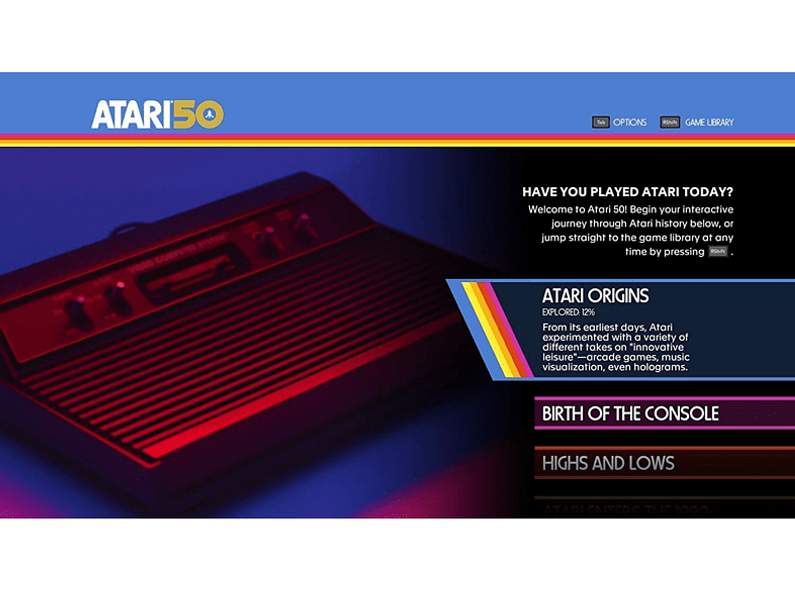 Ekran Atari 50. Obraz konsoli i tekst o historii Atari na ekranie.