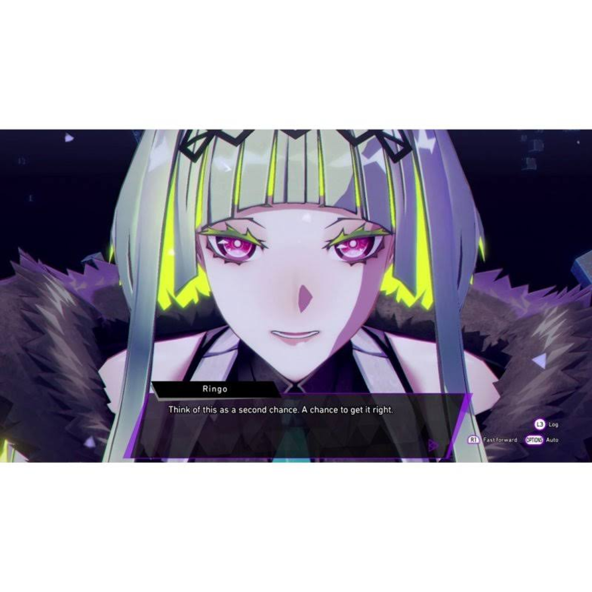 Primer plano de un personaje femenino de un juego. Tiene el pelo blanco y ojos rosas, con un cuadro de texto debajo.