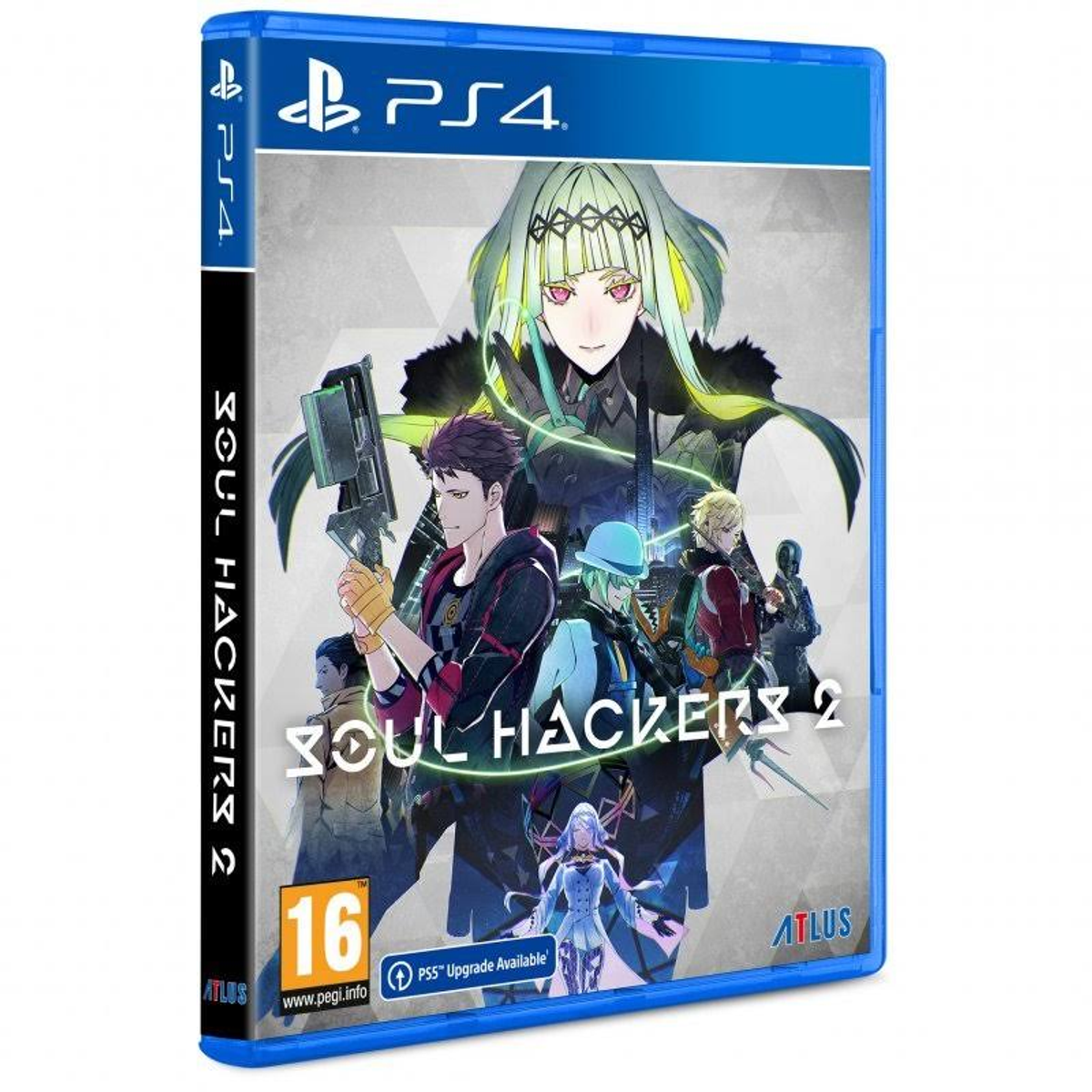 Una caja de juego de PS4 para Soul Hackers 2. Presenta personajes y una mujer en una caja azul.