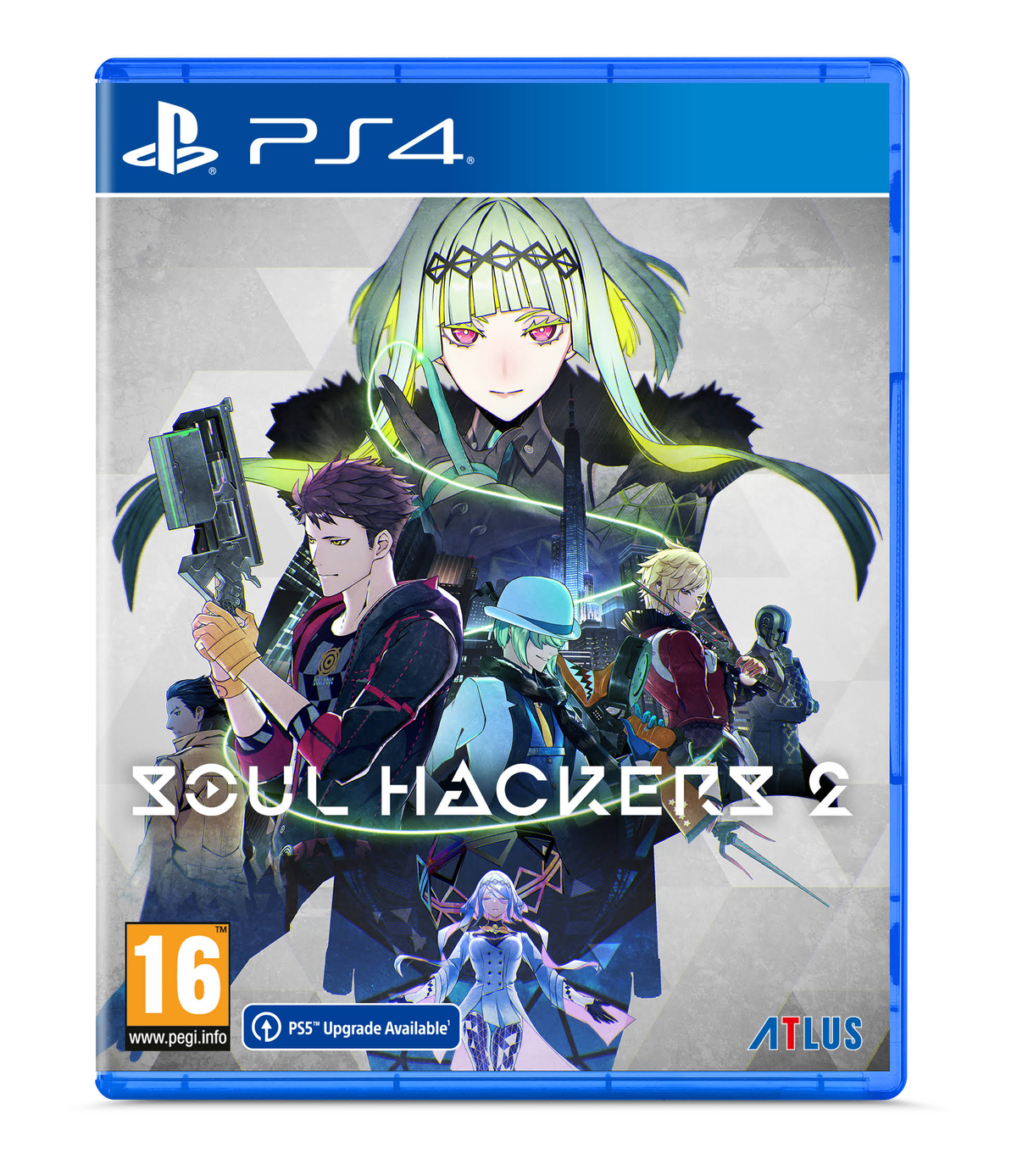 Portada del juego de PS4: Soul Hackers 2. Personajes frente a una figura femenina con tocado verde.
