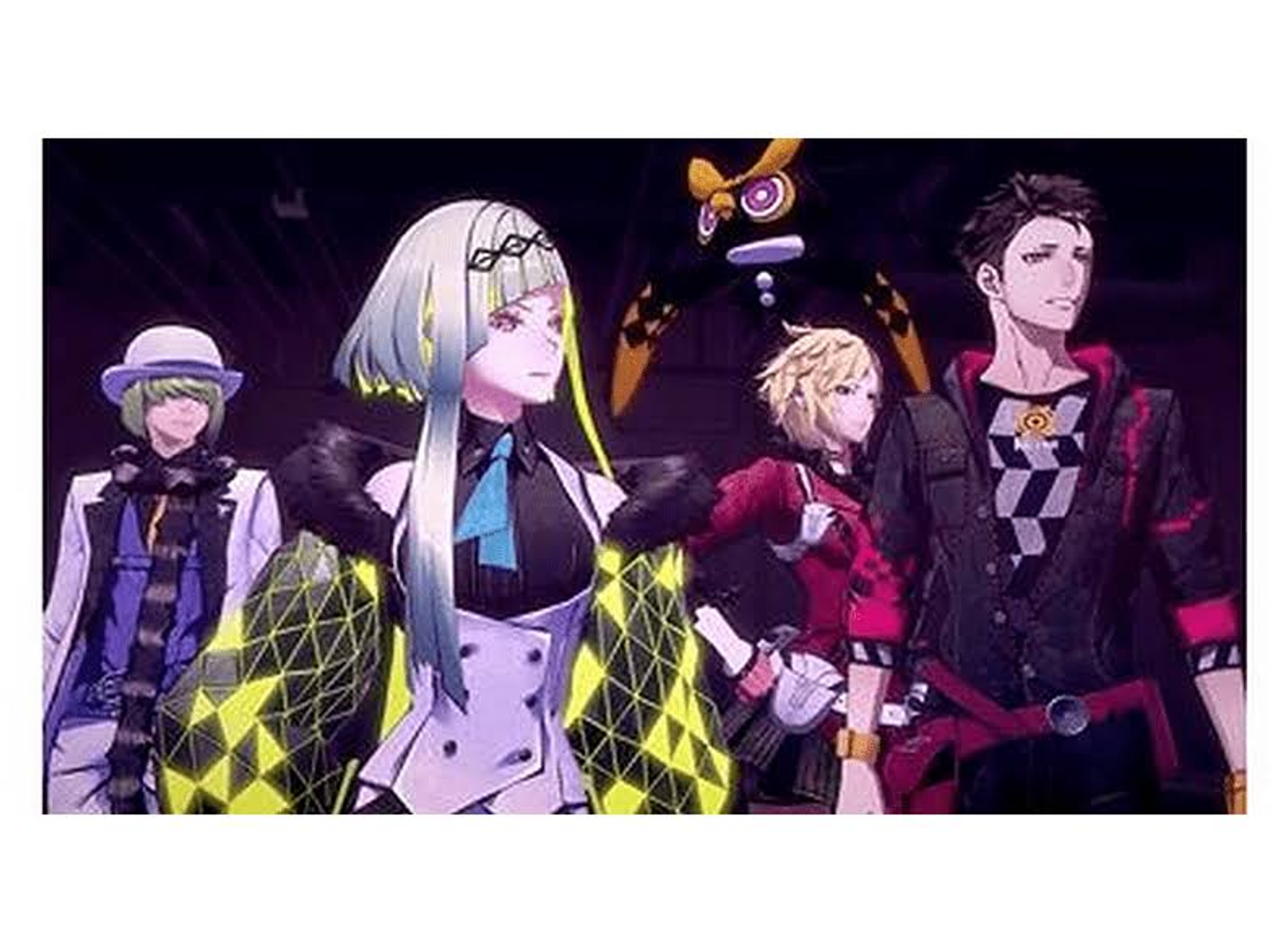 Grupo de personajes juntos. Uno es un búho. El fondo es oscuro con líneas amarillas.
