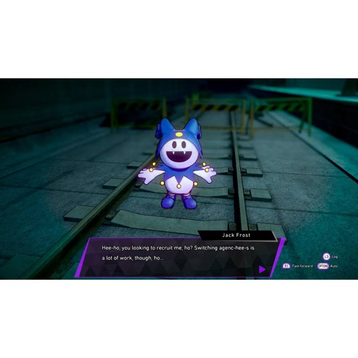 Un personaje de dibujos animados azul llamado Jack Frost con un cuadro de diálogo en un entorno futurista.