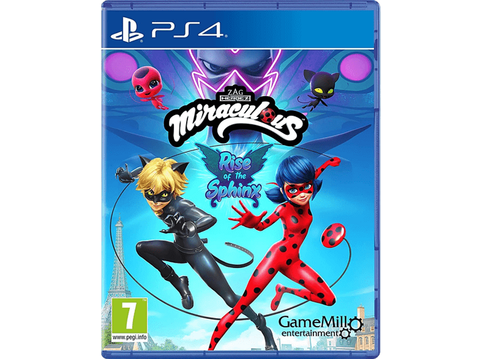 Copertina del gioco Miraculous: Rise of the Sphinx per PS4. Ladybug e Cat Noir affrontano una Sfinge.